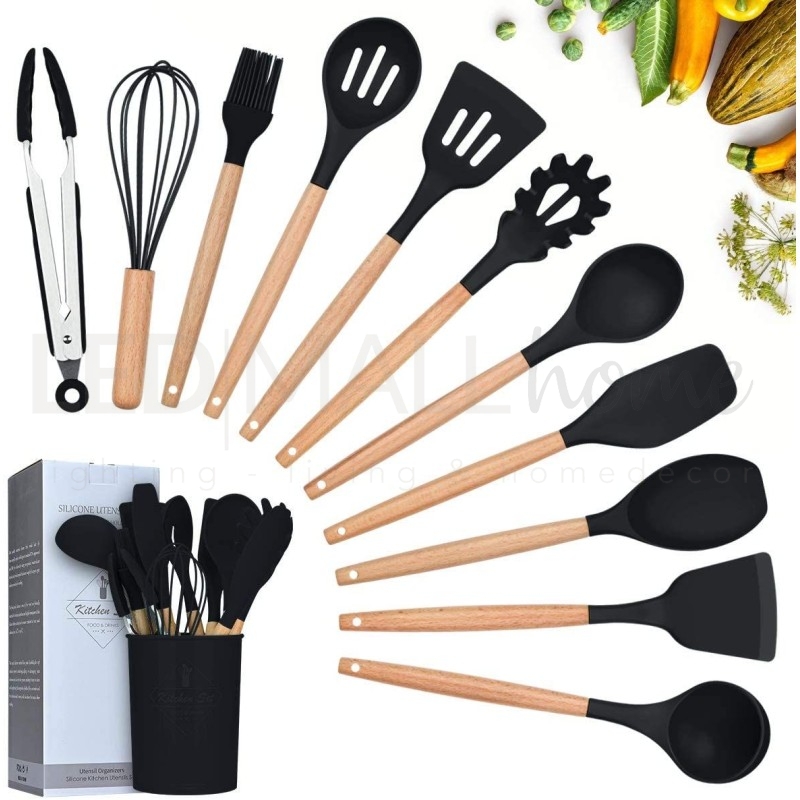 Set 12 pz utensili da cucina in silicone e legno naturale grigio